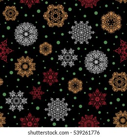 Snowflakes, snowfall. Falling Christmas stylized snowflakes. Beautiful vector red, green and gray snowflakes isolated on a black background. Illustration.