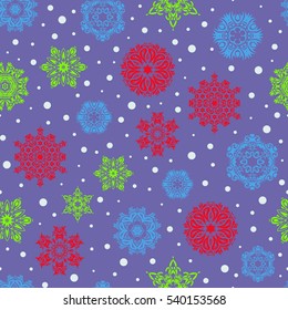 Snowflakes, snowfall. Falling Christmas stylized snowflakes. Beautiful vector snowflakes isolated on violet background. Illustration.