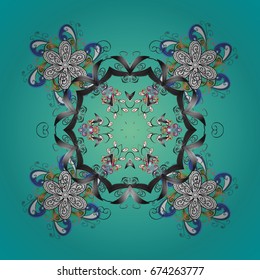 Snowflakes, snowfall. Falling Christmas stylized snowflakes. Beautiful vector snowflakes isolated on colorful background. Illustration.