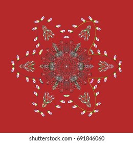 Snowflakes, snowfall. Falling Christmas stylized snowflakes. Beautiful vector snowflakes isolated on a red background. Illustration.