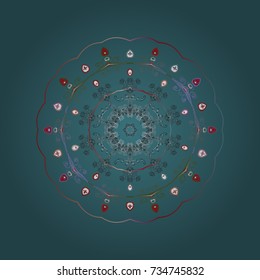 Snowflakes, snowfall. Falling Christmas stylized snowflakes. Beautiful vector blue, gray and green snowflakes isolated on a colorful background. Illustration.