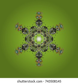 Snowflakes, snowfall. Falling Christmas stylized snowflakes. Beautiful vector green, gray and brown snowflakes isolated on a colorful background. Illustration.