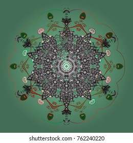 Snowflakes, snowfall. Falling Christmas stylized snowflakes. Beautiful vector green, gray and brown snowflakes isolated on a colorful background. Illustration.