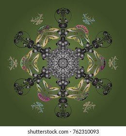 Snowflakes, snowfall. Falling Christmas stylized snowflakes. Beautiful vector green, gray and neutral snowflakes isolated on a colorful background. Illustration.