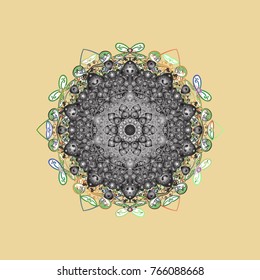 Snowflakes, snowfall. Falling Christmas stylized snowflakes. Beautiful vector beige, gray and green snowflakes isolated on a colorful background. Illustration.