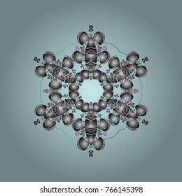 Snowflakes, snowfall. Falling Christmas stylized snowflakes. Beautiful vector neutral, gray and blue snowflakes isolated on a colorful background. Illustration.