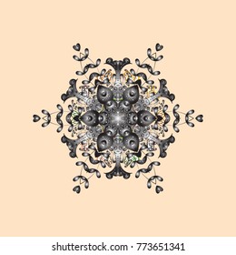 Snowflakes, snowfall. Falling Christmas stylized snowflakes. Beautiful vector beige, gray and brown snowflakes isolated on a colorful background. Illustration.