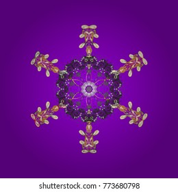 Snowflakes, snowfall. Falling Christmas stylized snowflakes. Beautiful vector violet, gray and yellow snowflakes isolated on a colorful background. Illustration.