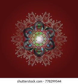 Snowflakes, snowfall. Falling Christmas stylized snowflakes with copy space (place for your text). Beautiful vector red, gray and beige snowflakes isolated on a colorful background. Illustration.