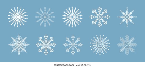 Snowflakes snowfall icons set, White snow crystals on blue background vector illustration, Winter Christmas elements.