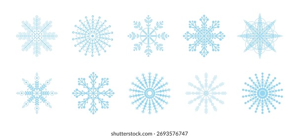 Flocos de neve conjunto de ícones de queda de neve, Cristais de neve branca sobre fundo azul ilustração vetor, Elementos de Natal de inverno.