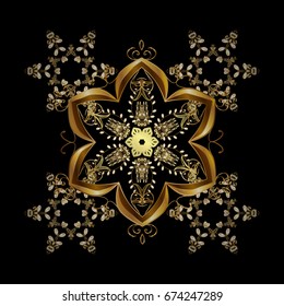 Snowflakes, snowfall. Illustration. Beautiful vector golden snowflakes isolated on black background. Falling Christmas stylized gold snowflakes.