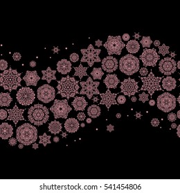Snowflakes, snowfall. Illustration. Falling Christmas stylized snowflakes. Beautiful vector pink snowflakes isolated on a black background.