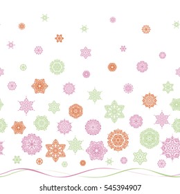 Snowflakes, snowfall. Illustration. Falling Christmas stylized snowflakes. Beautiful vector pink and orange snowflakes isolated on a white background.