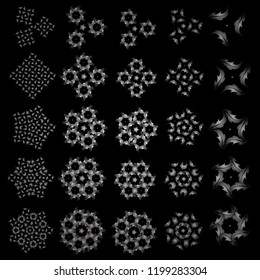 Snowflakes, snowfall. Set of 25 beautiful vector silver snowflakes isolated on a black background. Falling Christmas stylized snowflakes. Doodles.