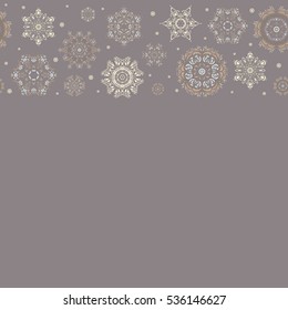Snowflakes, snowfall, stylized snow on gray background. Horizontal design with copy space (place for your text). Stock vector illustration falling snow.