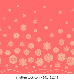 Snowflakes, snowfall, stylized snow on pink background. Design. Stock vector illustration falling snow.