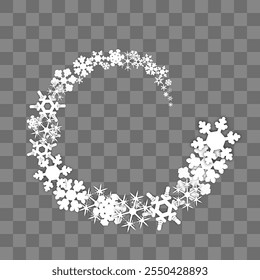 snowflakes are spiraling. white snowflakes in the shape of a round swirling frame isolated on a checkered background. vector illustration, graphic element for banner, greeting, invitation, poster