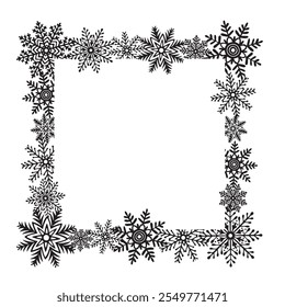 Quadro quadrado de flocos de neve. Cartão postal do modelo com espaço de cópia. Ilustração gráfica vetorial para Natal ou Ano Novo. Estrelas de gelo para design de férias de inverno. Clipart isolado para web design, impressão, empacotamento