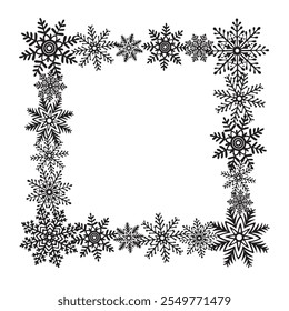 Snowflakes square frame. Template postcard with copy space. Vector graphic illustration for Christmas or New Year. Ice stars for winter holiday design. Isolated clipart for web design, print, wrapping
