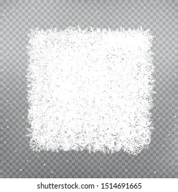Snowflakes square template on gray transparent background. Winter snow rectangle. Christmas holiday vector illustration