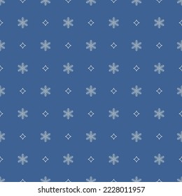 Schneeflocken und Sterne funkeln nahtlose Vektorgrafik auf blauem Hintergrund in minimalem, sauberem, flachem Stil