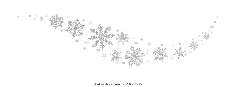 Copos de nieve con borde de estrellas en forma de onda. Una Ilustración vectorial temática invernal con plata oscura. Guirnalda de copos de nieve. Decoración navideña.