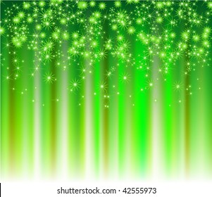 snowflakes and stars descending on a path of green light. vector illustration