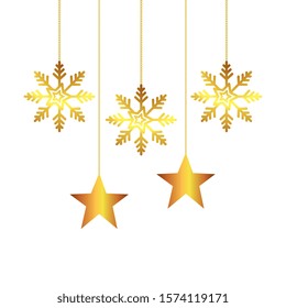 snowflakes with stars golden of christmas hanging vector illustration design