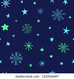 Snowflakes and stars on dark blue background. Seamless pattern for gift wrapping, Christmas Wallpaper. Snowfall in manual drawing.