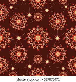 Snowflakes and stars on a dark brown background. Seamless pattern. Design for textiles, tapestries, napkins, wrapping paper.