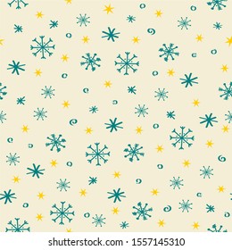 Snowflakes and stars seamless pattern. Hand drawn snowflakes and gold stars on the pale background. Wrapping paper, textiles winter concept