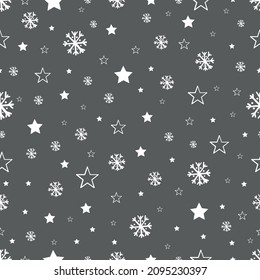 Snowflakes and stars vector seamless pattern. Repeatable background for wallpaper, wrapping paper fabric textile prints or else.