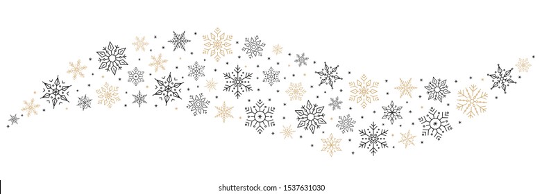 Snowflakes and stars wave whirlwind golden black on white isolated background