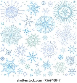 Snowflakes, stars, winter symbols, brushes set. New Year and Christmas seasonal hand drawn snow ornaments. Seamless abstract snow flakes shapes background. Vector Christmas doodle brush line pattern.