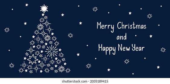 Snowflakes and Stars Xmas Tree Shape Hand Drawn Doodle Background. Merry Christmas and Happy New Year Quote Lettering. Winter banner template for web and print