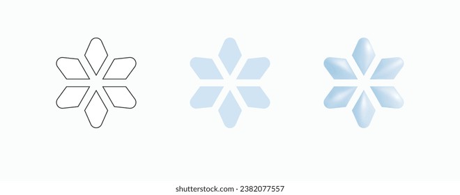 Snowflakes Sticker Pack. 6 ray snowflake in three styles - Contour, Flat, 3D. Traditional symbol of the winter season and Christmas. Design Elements for Coloring Books. Icons Set. Vector illustration