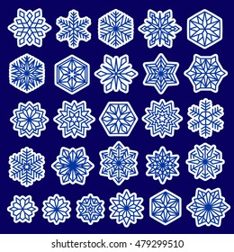 Snowflakes stickers set. Line design snow flakes, isolated on blue background. Vector Christmas decoration for greeting card, winter sales banner. New Years design elements collection.