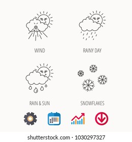 Snowflakes, sun and rain icons. Wind linear sign. Calendar, Graph chart and Cogwheel signs. Download colored web icon. Vector