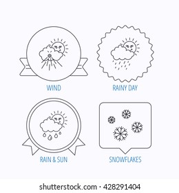Snowflakes, sun and rain icons. Wind linear sign. Award medal, star label and speech bubble designs. Vector