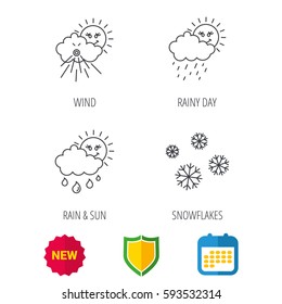 Snowflakes, sun and rain icons. Wind linear sign. Shield protection, calendar and new tag web icons. Vector