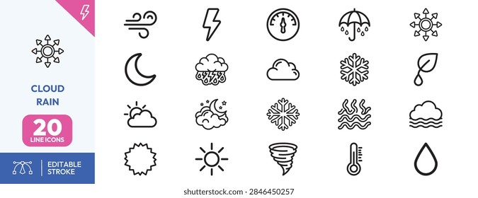 Snowflakes, sunrays, rain, clouds, storms, moon phases, lightning, umbrellas, and temperature gauges climate travel application designs.