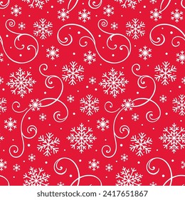 Snowflakes and Swirls Seamless Patten in Red Backgorund- Christmas Snowflakes Vector Illustration