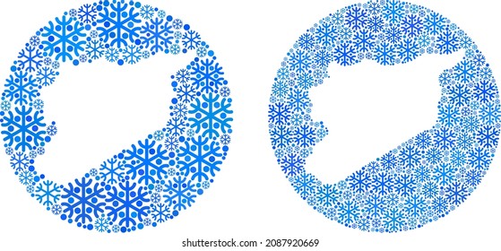 Copos de nieve collage de mapas sirios creado con forma circular y tallada. Vector Syria mapea el mosaico de partículas de nieve en varios tamaños y tintes de color azul. Creado con fines de Navidad.