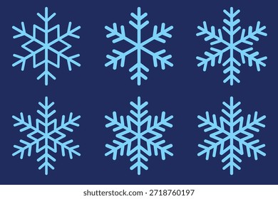 Plantilla de copos de nieve. Conjunto de Vector de copos de nieve de Navidades. Azul y verde azulado invierno copo de nieve ilustración. Ilustración vectorial dibujada como por un niño. Copo de nieve blanco. Símbolos de nieve. Arte plano. Nieve invierno.