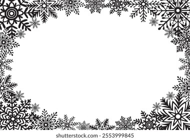 Snowflakes template postcard. Horizontal frame with copy space. Vector graphic illustration for Christmas or New Year. Ice stars for winter holiday design. Isolated clipart for web design, print, sale