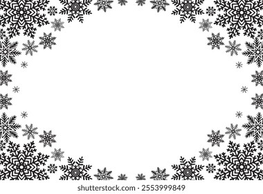 Snowflakes template postcard. Horizontal frame with copy space. Vector graphic illustration for Christmas or New Year. Ice stars for winter holiday design. Isolated clipart for web design, print, sale