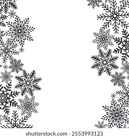 Postal de la onda de Plantilla de los copos de nieve. Marco Horizontal con espacio de copia. Ilustración gráfica de Vector para Navidades o Año Nuevo. Estrellas de hielo para el diseño de vacaciones de invierno Clipart aislado para el Diseño web, impresión.