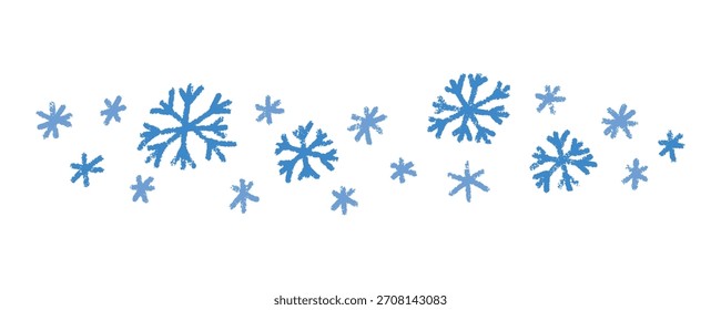 Snowflakes textured pattern. Winter, holiday, and Christmas themed vector design element for fabric, wrapping, and seasonal design. Patterned crayon chalk New Year blue snowflakes.