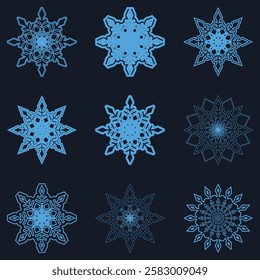 Snowflakes thin line icon set such as pack of simple snowflake set, snowflake, snowflakes icons for report, presentation, diagram, web design. Christmas icon set. Vector illustration.